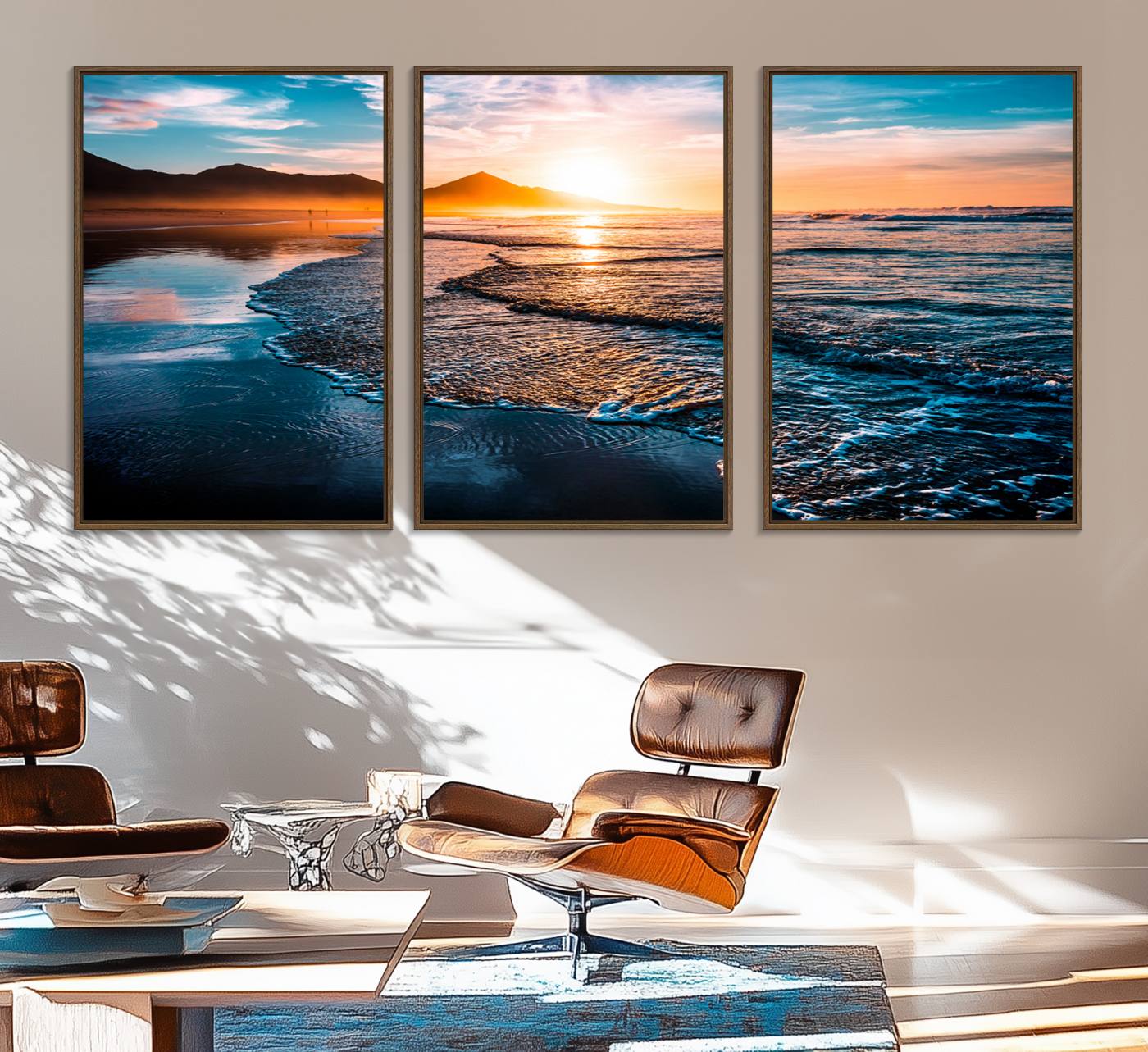 26494-MGV-FC-60X30-3P_Walnut-Sunset Beach Ocean Canvas Wall Art – Tranquil Ocean Reflections at Dusk – Ready to Hang