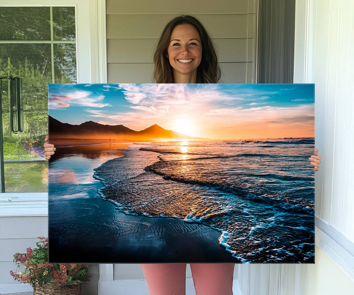 Sunset Beach Ocean Canvas Wall Art – Tranquil Ocean Reflections at Dusk – Ready to Hang