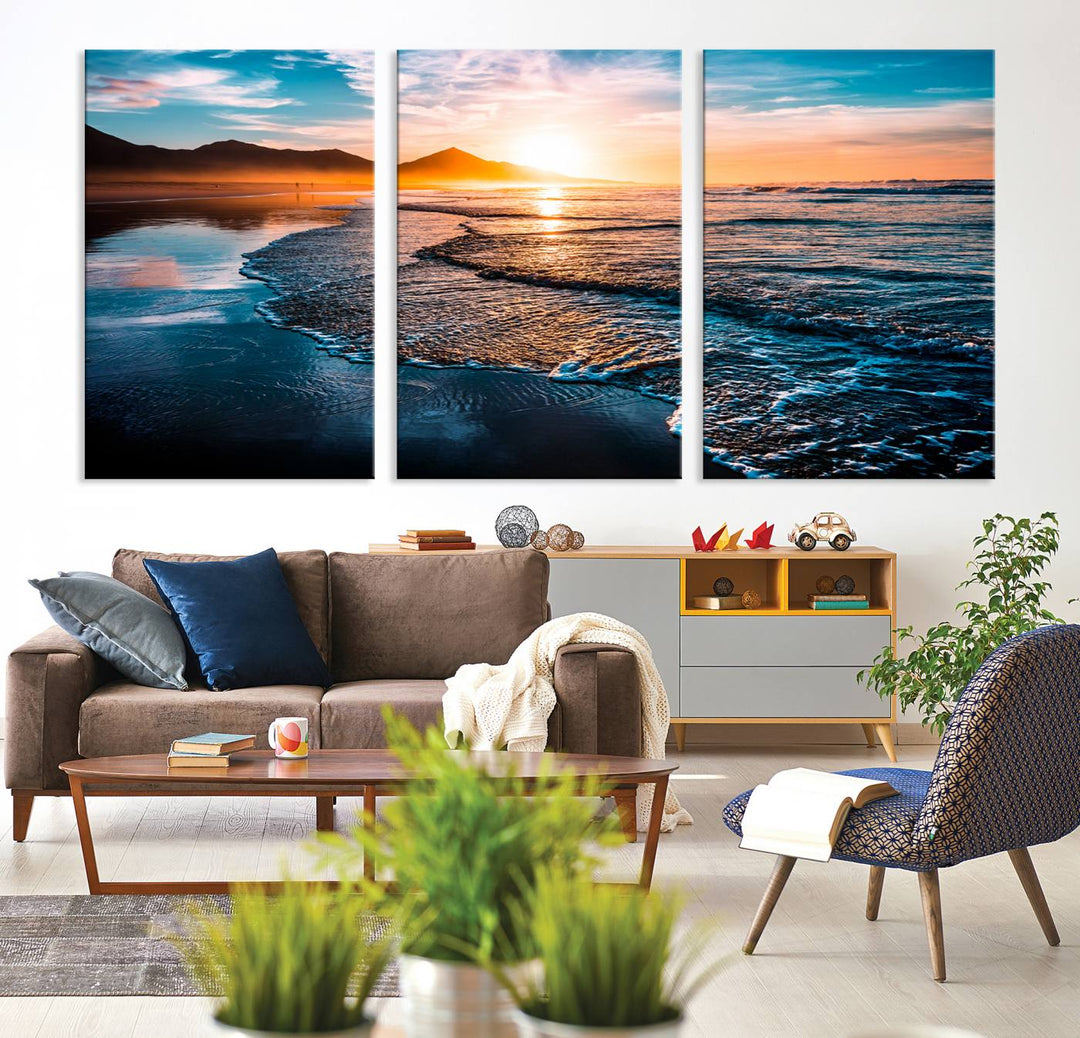 Sunset Beach Ocean Canvas Wall Art – Tranquil Ocean Reflections at Dusk – Ready to Hang