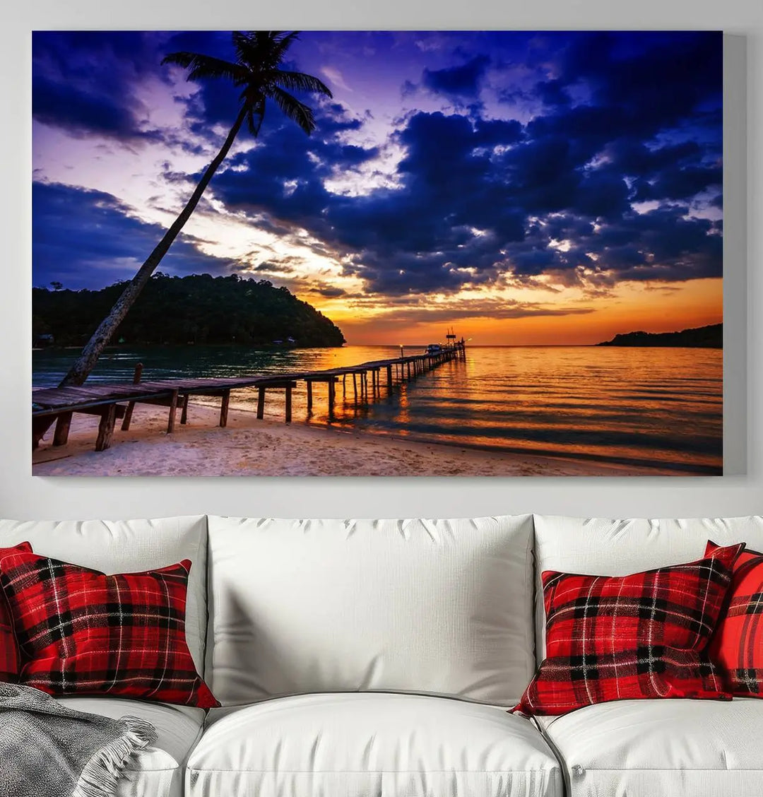 Sunset Beach Pier Wall Art, Tropical Island Sunset Canvas Print, Palm Tree and Pier Seascape Triptych, Coastal Wall Art for Relaxation Spaces