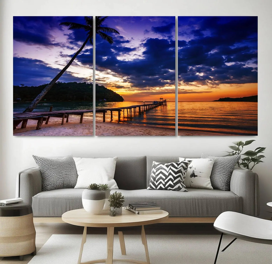 Sunset Beach Pier Wall Art, Tropical Island Sunset Canvas Print, Palm Tree and Pier Seascape Triptych, Coastal Wall Art for Relaxation Spaces