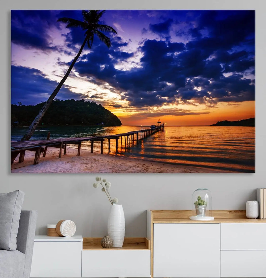 Sunset Beach Pier Wall Art, Tropical Island Sunset Canvas Print, Palm Tree and Pier Seascape Triptych, Coastal Wall Art for Relaxation Spaces