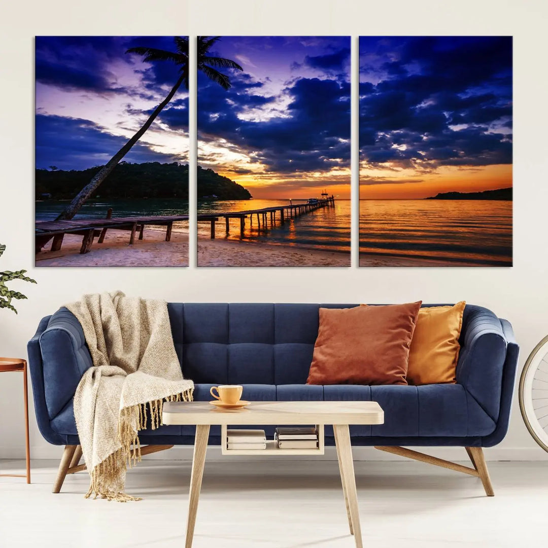 Sunset Beach Pier Wall Art, Tropical Island Sunset Canvas Print, Palm Tree and Pier Seascape Triptych, Coastal Wall Art for Relaxation Spaces