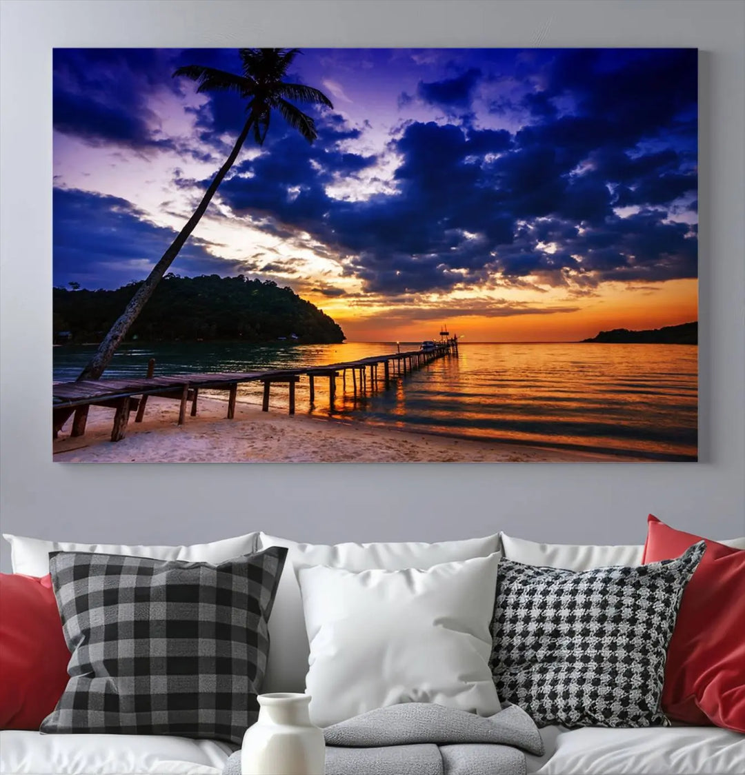 Sunset Beach Pier Wall Art, Tropical Island Sunset Canvas Print, Palm Tree and Pier Seascape Triptych, Coastal Wall Art for Relaxation Spaces