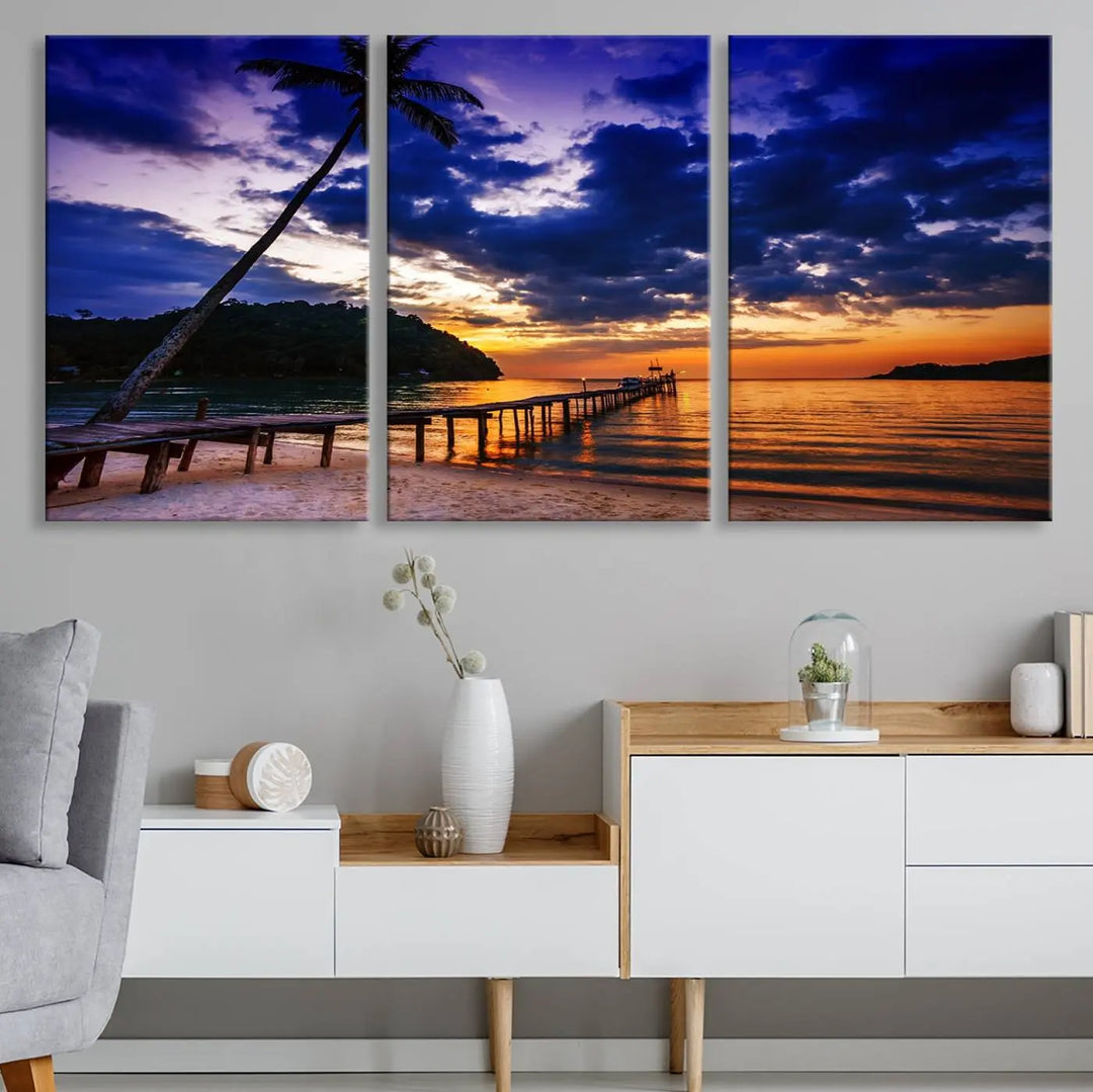 Sunset Beach Pier Wall Art, Tropical Island Sunset Canvas Print, Palm Tree and Pier Seascape Triptych, Coastal Wall Art for Relaxation Spaces