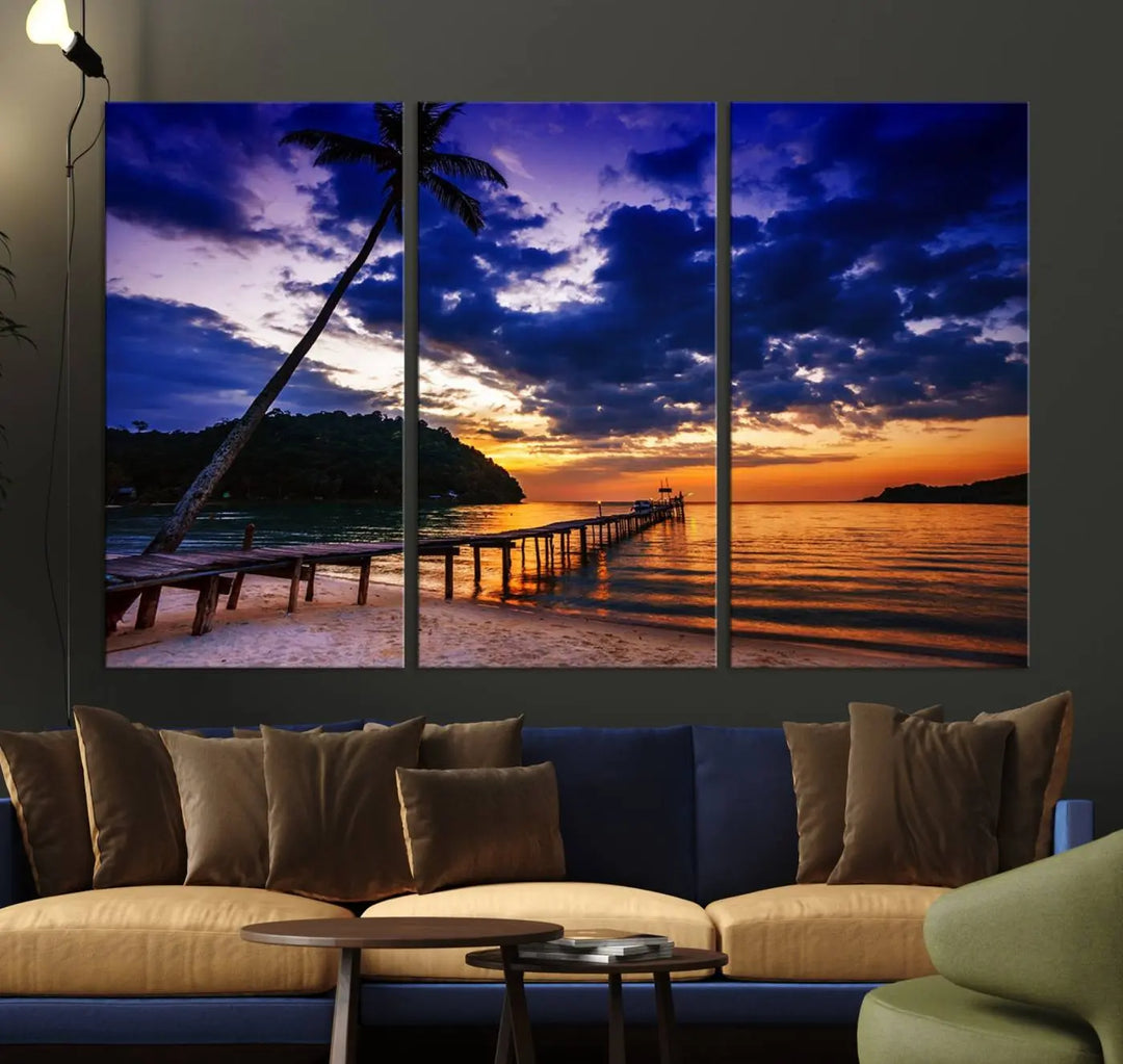 Sunset Beach Pier Wall Art, Tropical Island Sunset Canvas Print, Palm Tree and Pier Seascape Triptych, Coastal Wall Art for Relaxation Spaces