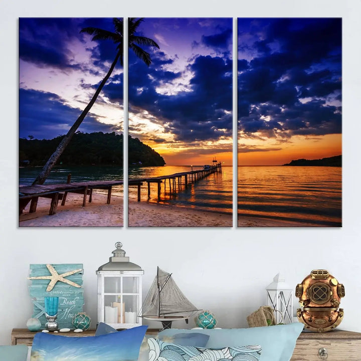 Sunset Beach Pier Wall Art, Tropical Island Sunset Canvas Print, Palm Tree and Pier Seascape Triptych, Coastal Wall Art for Relaxation Spaces