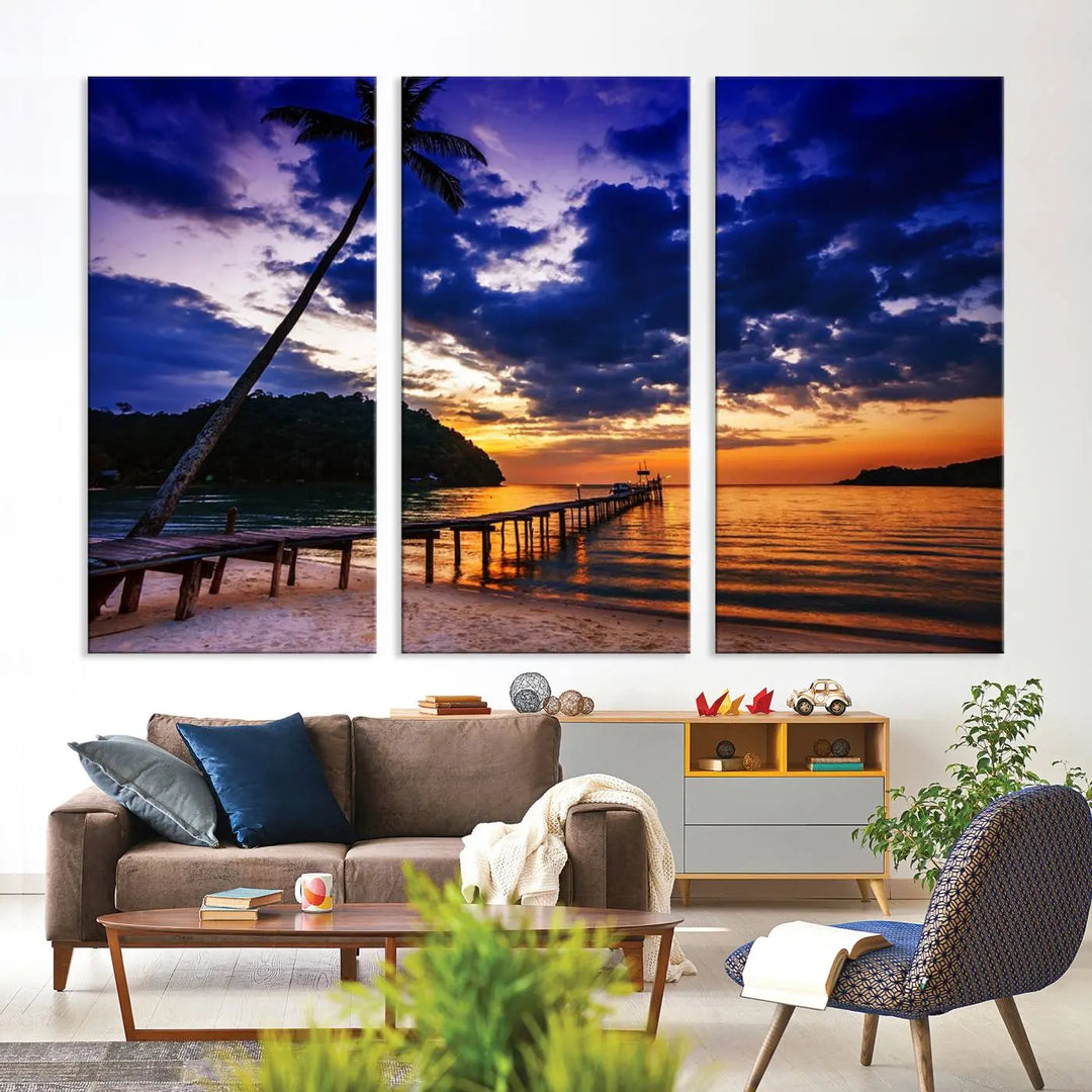 Sunset Beach Pier Wall Art, Tropical Island Sunset Canvas Print, Palm Tree and Pier Seascape Triptych, Coastal Wall Art for Relaxation Spaces