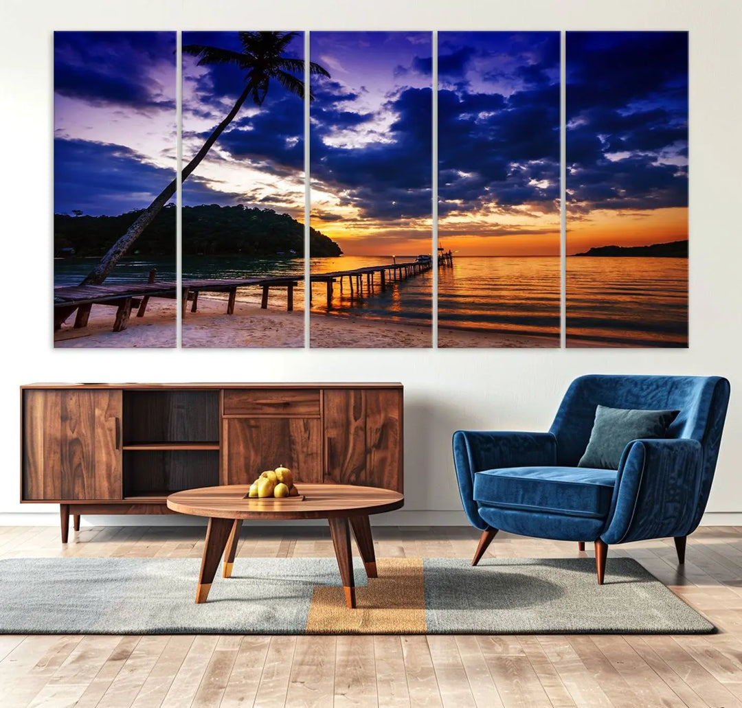 Sunset Beach Pier Wall Art, Tropical Island Sunset Canvas Print, Palm Tree and Pier Seascape Triptych, Coastal Wall Art for Relaxation Spaces