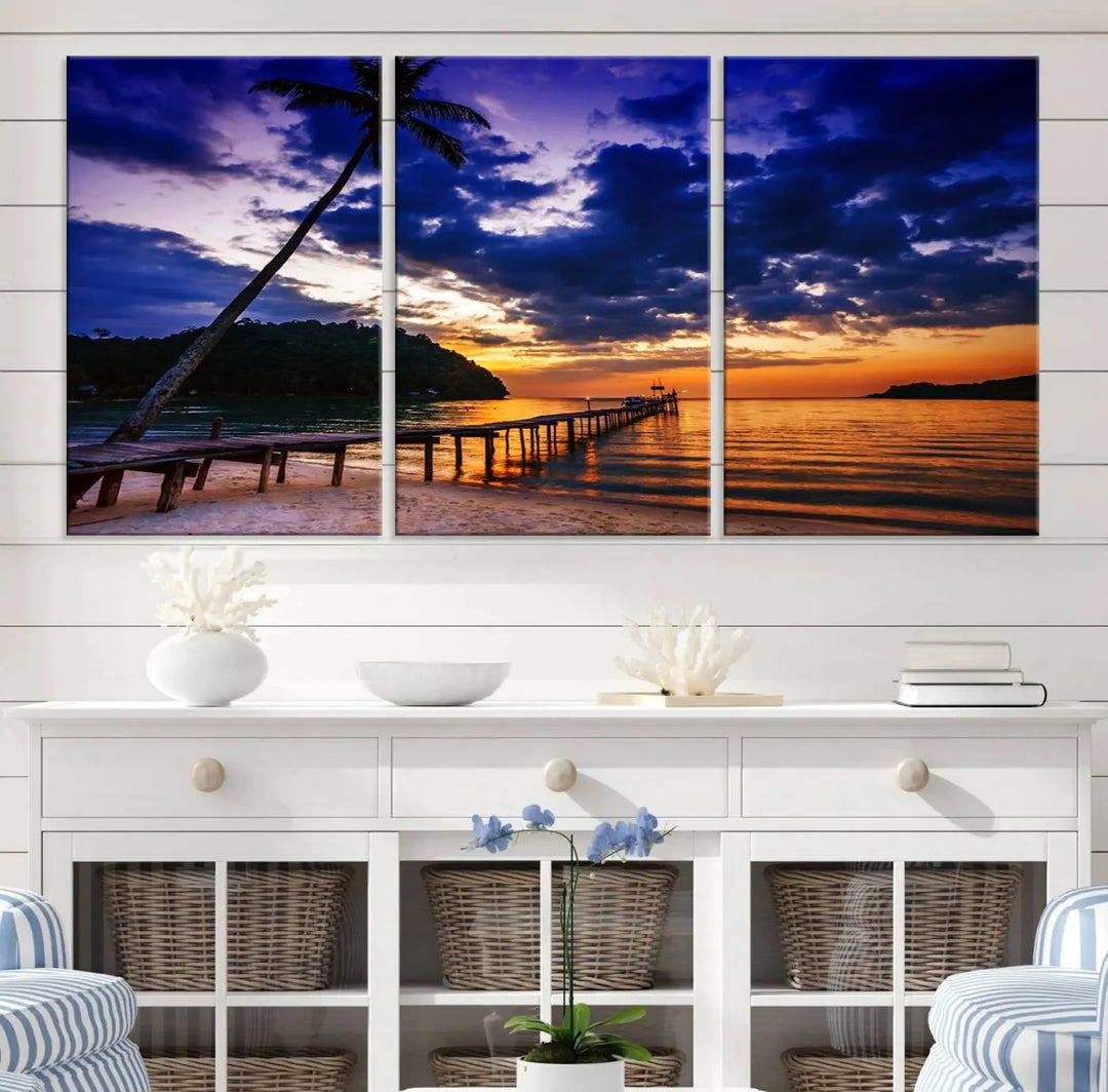 Sunset Beach Pier Wall Art, Tropical Island Sunset Canvas Print, Palm Tree and Pier Seascape Triptych, Coastal Wall Art for Relaxation Spaces