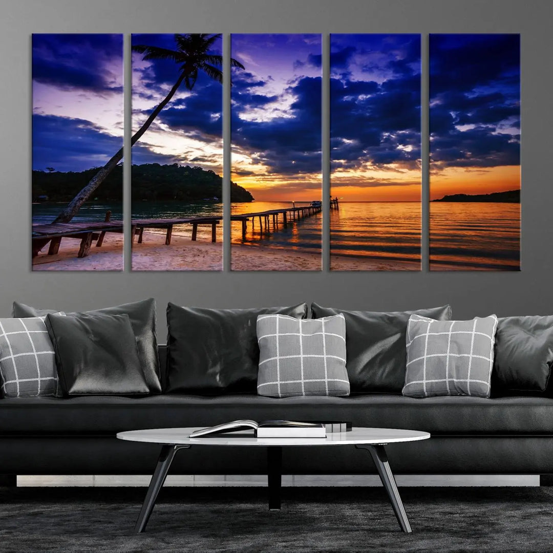 Sunset Beach Pier Wall Art, Tropical Island Sunset Canvas Print, Palm Tree and Pier Seascape Triptych, Coastal Wall Art for Relaxation Spaces