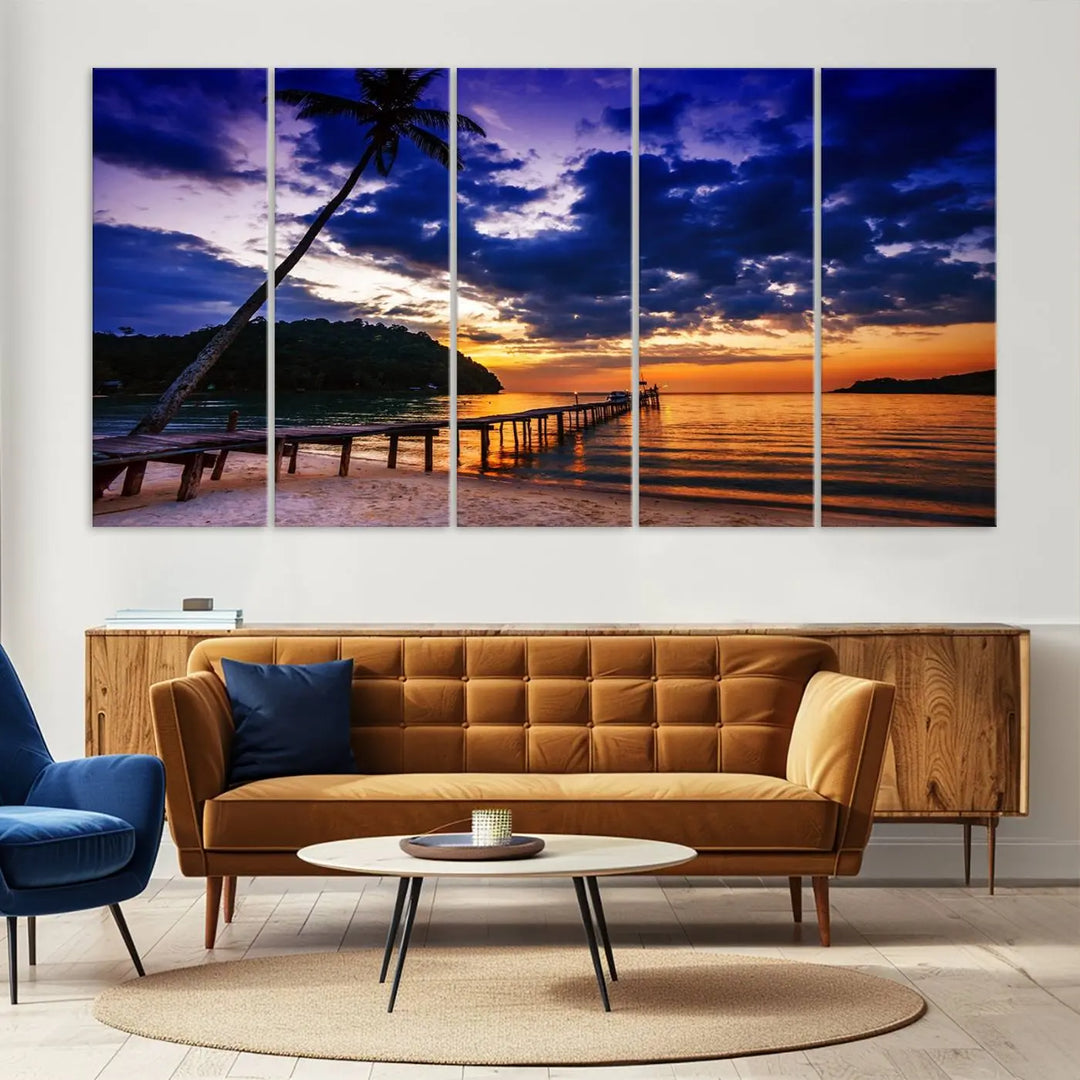 Sunset Beach Pier Wall Art, Tropical Island Sunset Canvas Print, Palm Tree and Pier Seascape Triptych, Coastal Wall Art for Relaxation Spaces