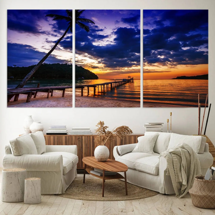 Sunset Beach Pier Wall Art, Tropical Island Sunset Canvas Print, Palm Tree and Pier Seascape Triptych, Coastal Wall Art for Relaxation Spaces