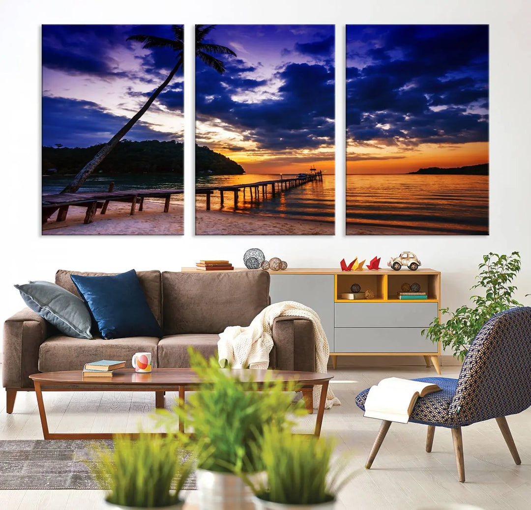 Sunset Beach Pier Wall Art, Tropical Island Sunset Canvas Print, Palm Tree and Pier Seascape Triptych, Coastal Wall Art for Relaxation Spaces