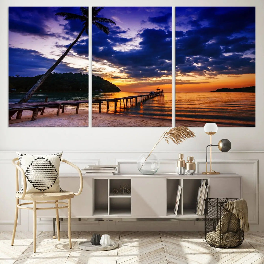 Sunset Beach Pier Wall Art, Tropical Island Sunset Canvas Print, Palm Tree and Pier Seascape Triptych, Coastal Wall Art for Relaxation Spaces