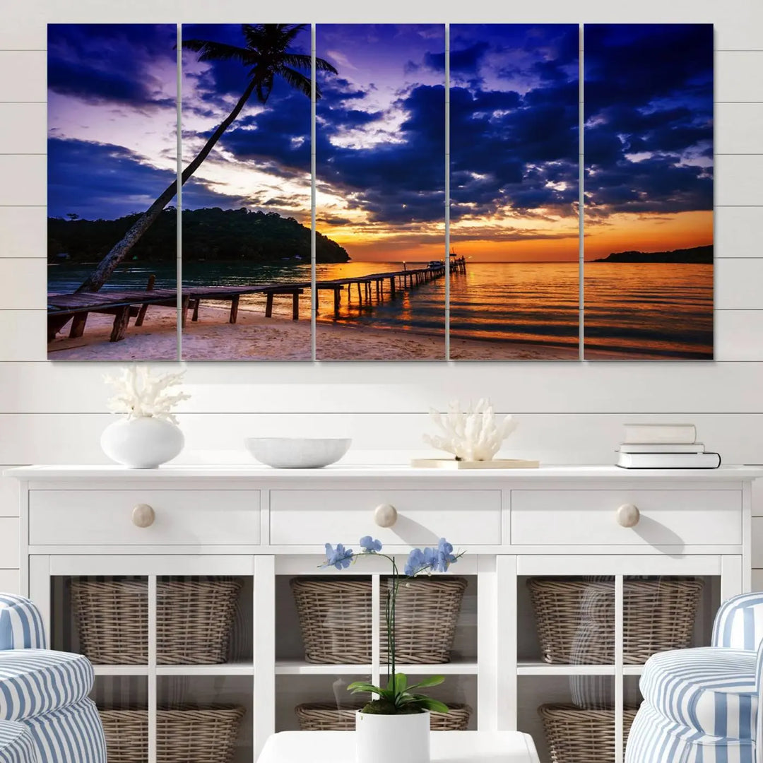 Sunset Beach Pier Wall Art, Tropical Island Sunset Canvas Print, Palm Tree and Pier Seascape Triptych, Coastal Wall Art for Relaxation Spaces