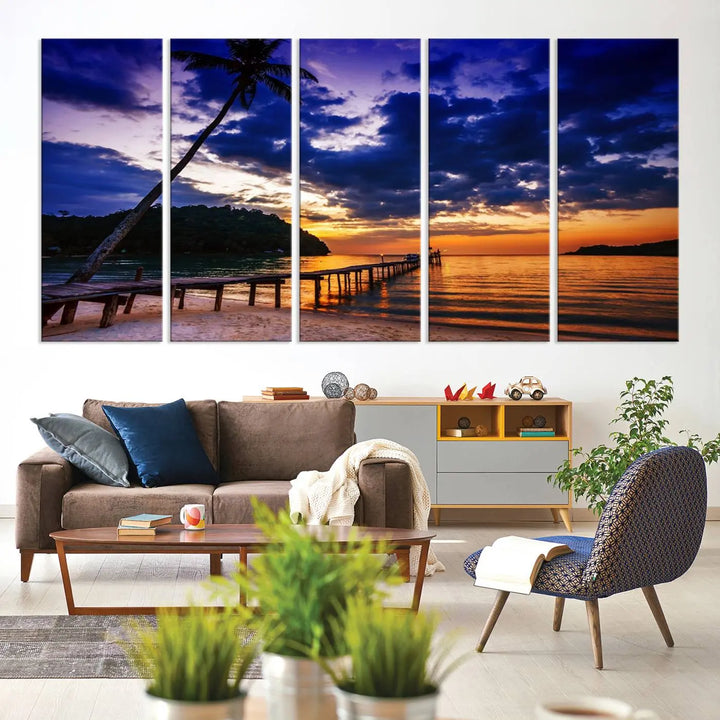 Sunset Beach Pier Wall Art, Tropical Island Sunset Canvas Print, Palm Tree and Pier Seascape Triptych, Coastal Wall Art for Relaxation Spaces