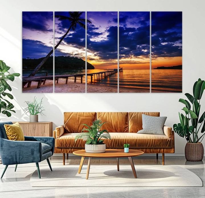 Sunset Beach Pier Wall Art, Tropical Island Sunset Canvas Print, Palm Tree and Pier Seascape Triptych, Coastal Wall Art for Relaxation Spaces