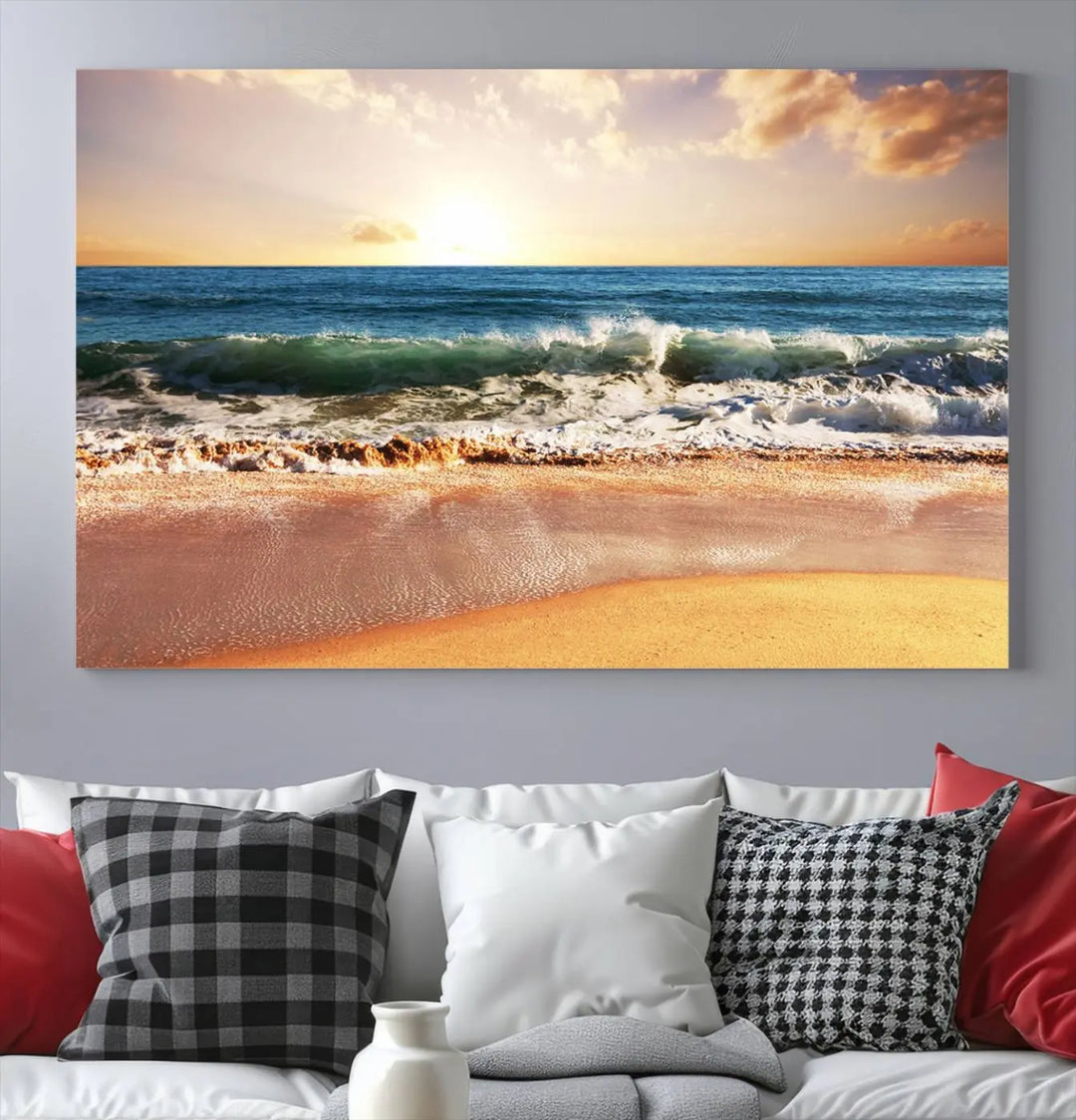 Enhance the tranquil ambiance of your dining area with the Sunset Beach Triptych Wall Art, a 3-panel framed canvas print that captures an enchanting ocean sunset. This captivating piece gracefully adorns the wall, creating a peaceful and inviting atmosphere.