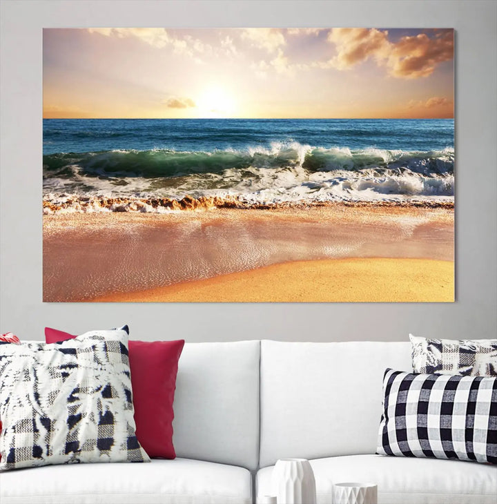 Enhance the tranquil ambiance of your dining area with the Sunset Beach Triptych Wall Art, a 3-panel framed canvas print that captures an enchanting ocean sunset. This captivating piece gracefully adorns the wall, creating a peaceful and inviting atmosphere.