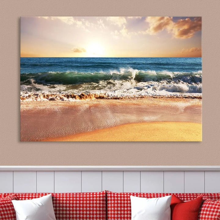 Enhance the tranquil ambiance of your dining area with the Sunset Beach Triptych Wall Art, a 3-panel framed canvas print that captures an enchanting ocean sunset. This captivating piece gracefully adorns the wall, creating a peaceful and inviting atmosphere.