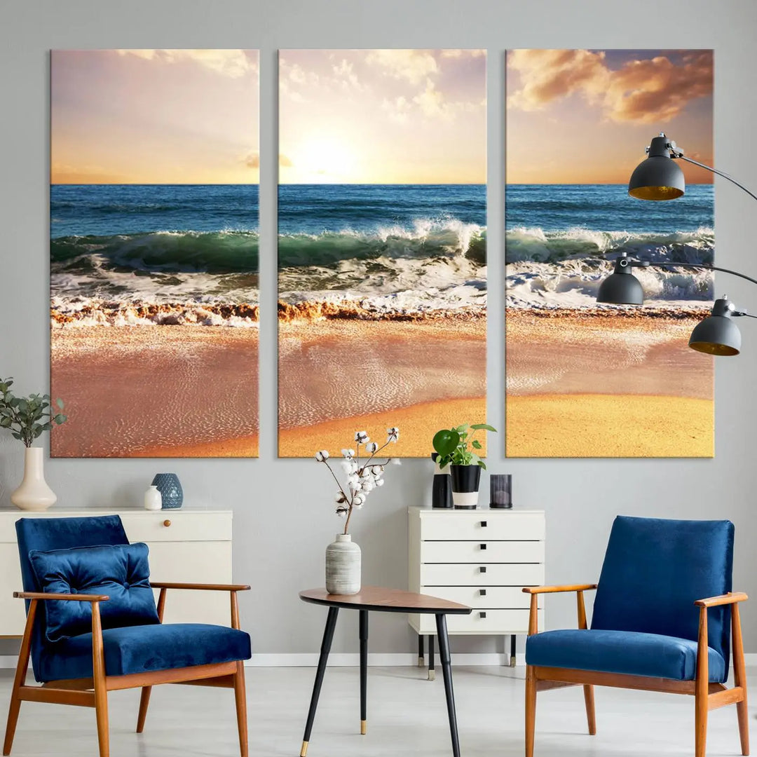 Enhance the tranquil ambiance of your dining area with the Sunset Beach Triptych Wall Art, a 3-panel framed canvas print that captures an enchanting ocean sunset. This captivating piece gracefully adorns the wall, creating a peaceful and inviting atmosphere.