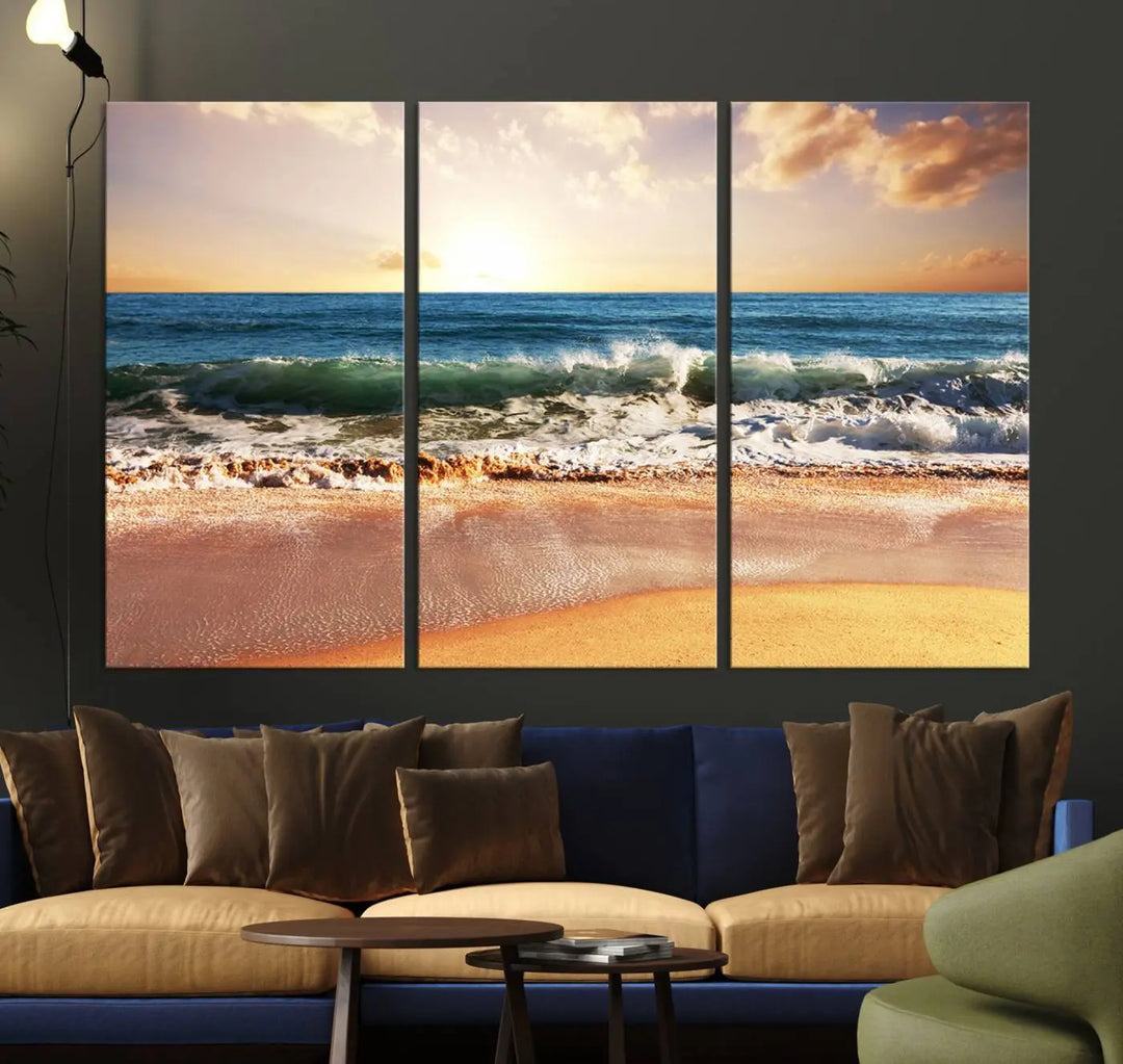 Enhance the tranquil ambiance of your dining area with the Sunset Beach Triptych Wall Art, a 3-panel framed canvas print that captures an enchanting ocean sunset. This captivating piece gracefully adorns the wall, creating a peaceful and inviting atmosphere.