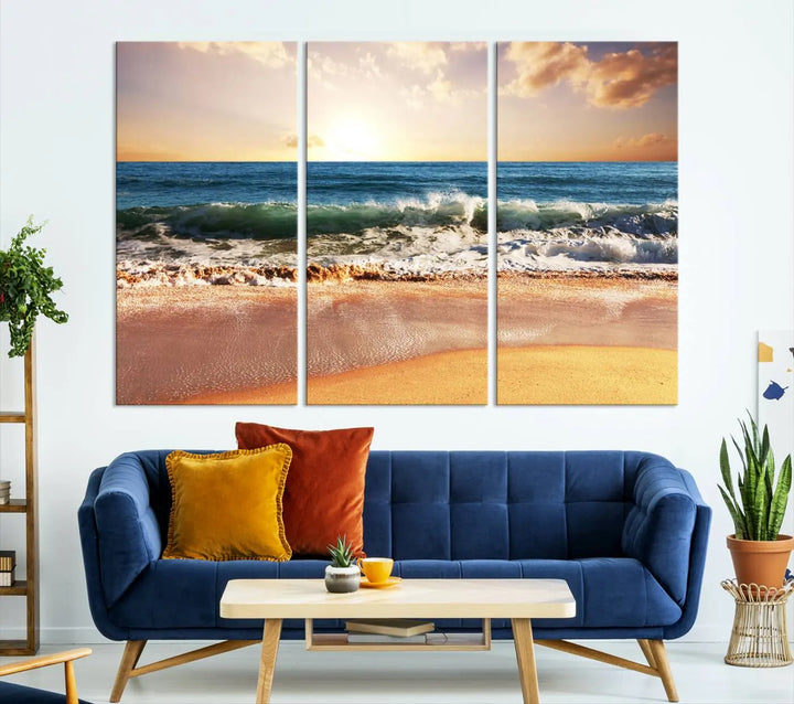 Enhance the tranquil ambiance of your dining area with the Sunset Beach Triptych Wall Art, a 3-panel framed canvas print that captures an enchanting ocean sunset. This captivating piece gracefully adorns the wall, creating a peaceful and inviting atmosphere.