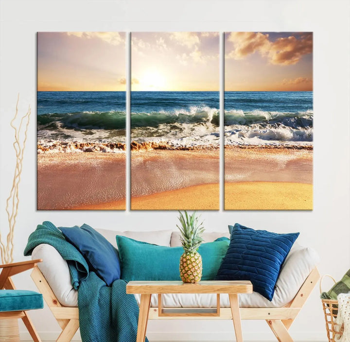 Enhance the tranquil ambiance of your dining area with the Sunset Beach Triptych Wall Art, a 3-panel framed canvas print that captures an enchanting ocean sunset. This captivating piece gracefully adorns the wall, creating a peaceful and inviting atmosphere.