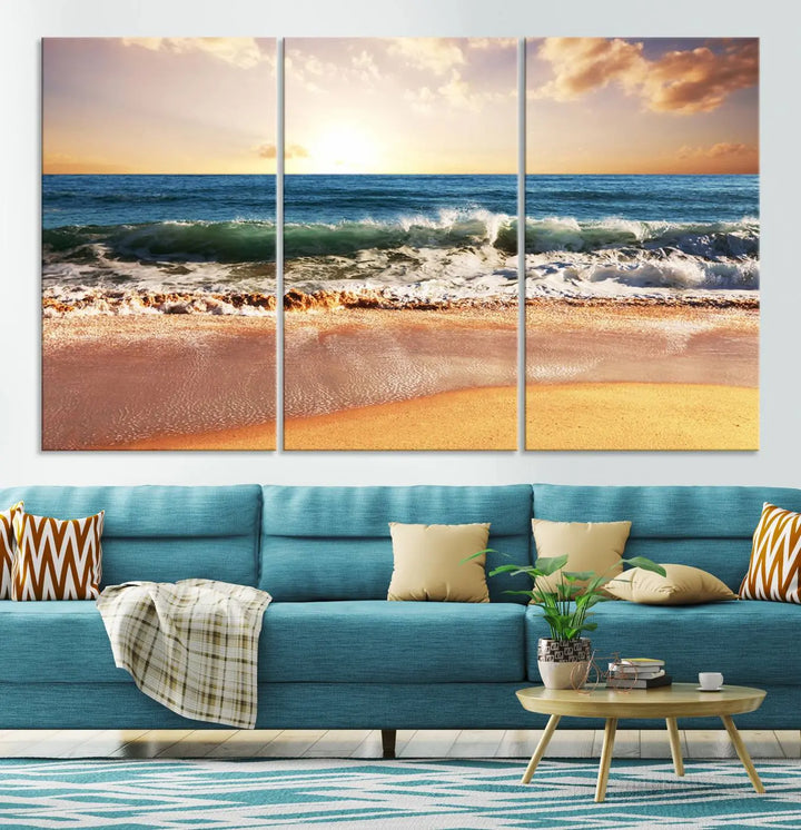 Enhance the tranquil ambiance of your dining area with the Sunset Beach Triptych Wall Art, a 3-panel framed canvas print that captures an enchanting ocean sunset. This captivating piece gracefully adorns the wall, creating a peaceful and inviting atmosphere.