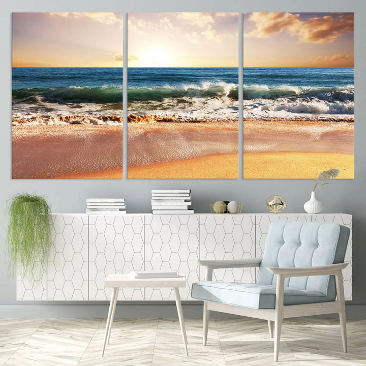 Enhance the tranquil ambiance of your dining area with the Sunset Beach Triptych Wall Art, a 3-panel framed canvas print that captures an enchanting ocean sunset. This captivating piece gracefully adorns the wall, creating a peaceful and inviting atmosphere.