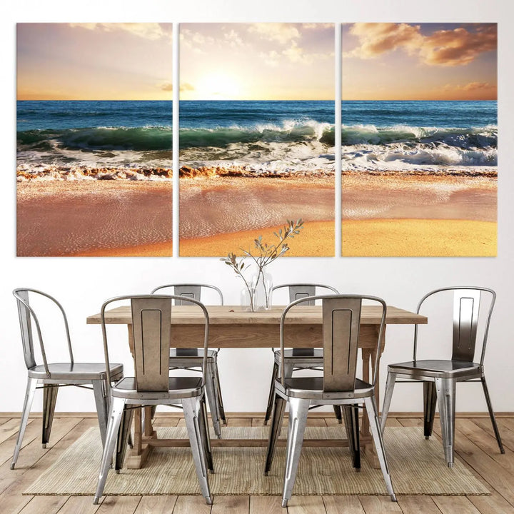 Enhance the tranquil ambiance of your dining area with the Sunset Beach Triptych Wall Art, a 3-panel framed canvas print that captures an enchanting ocean sunset. This captivating piece gracefully adorns the wall, creating a peaceful and inviting atmosphere.