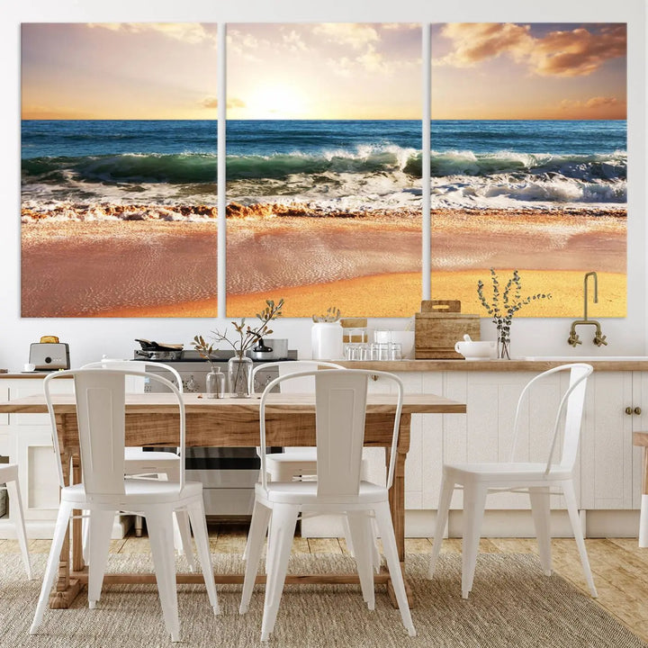 Enhance the tranquil ambiance of your dining area with the Sunset Beach Triptych Wall Art, a 3-panel framed canvas print that captures an enchanting ocean sunset. This captivating piece gracefully adorns the wall, creating a peaceful and inviting atmosphere.