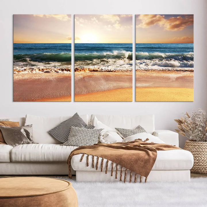 Enhance the tranquil ambiance of your dining area with the Sunset Beach Triptych Wall Art, a 3-panel framed canvas print that captures an enchanting ocean sunset. This captivating piece gracefully adorns the wall, creating a peaceful and inviting atmosphere.