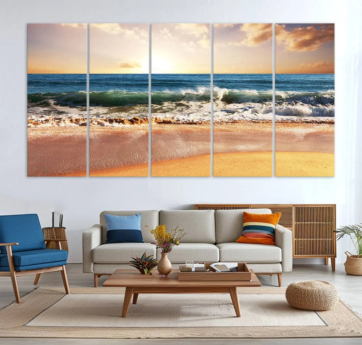 Enhance the tranquil ambiance of your dining area with the Sunset Beach Triptych Wall Art, a 3-panel framed canvas print that captures an enchanting ocean sunset. This captivating piece gracefully adorns the wall, creating a peaceful and inviting atmosphere.