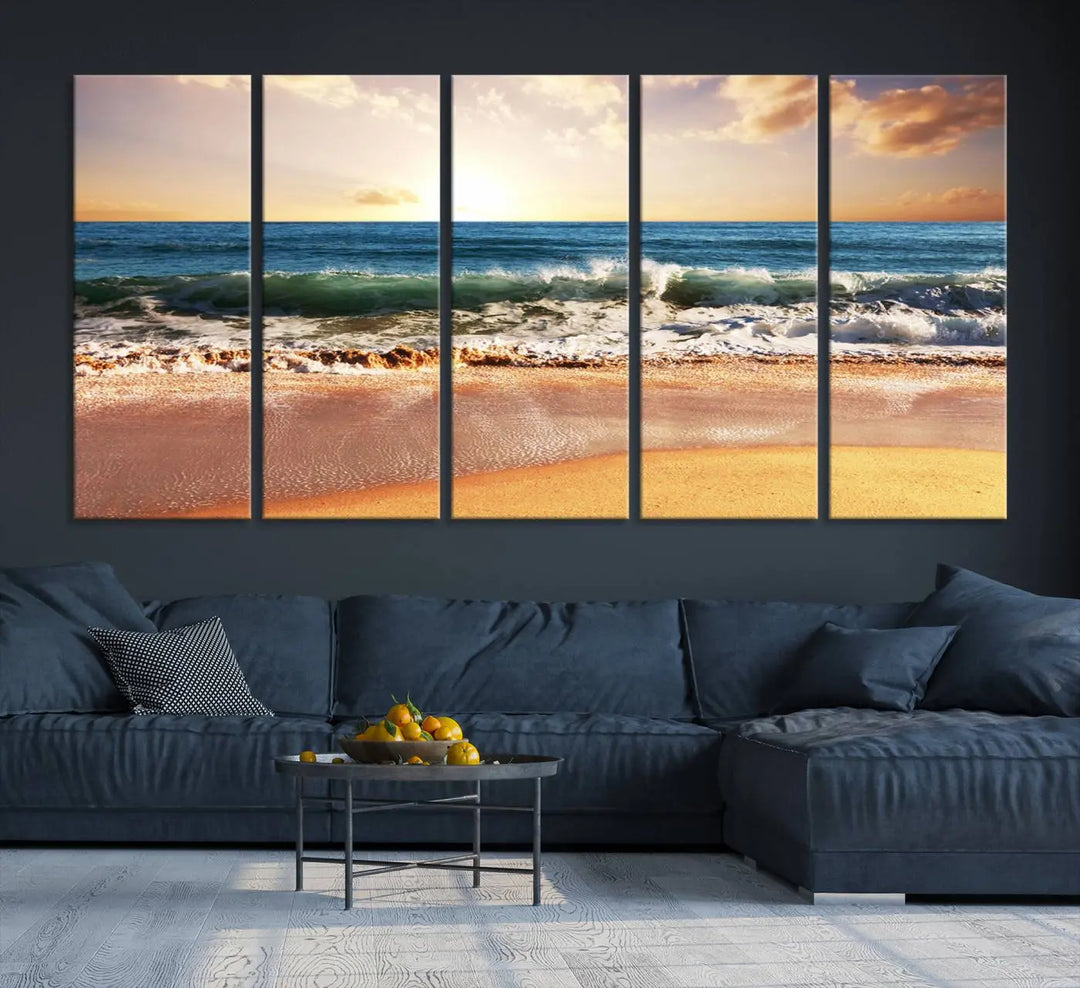 Enhance the tranquil ambiance of your dining area with the Sunset Beach Triptych Wall Art, a 3-panel framed canvas print that captures an enchanting ocean sunset. This captivating piece gracefully adorns the wall, creating a peaceful and inviting atmosphere.