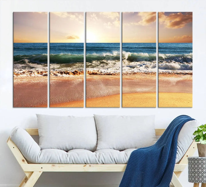 Enhance the tranquil ambiance of your dining area with the Sunset Beach Triptych Wall Art, a 3-panel framed canvas print that captures an enchanting ocean sunset. This captivating piece gracefully adorns the wall, creating a peaceful and inviting atmosphere.