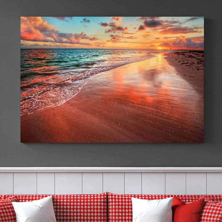 A set of "Sunset Beach Wall Art" canvases, portraying a tranquil ocean sunset, is displayed, making it perfect for beach lovers.