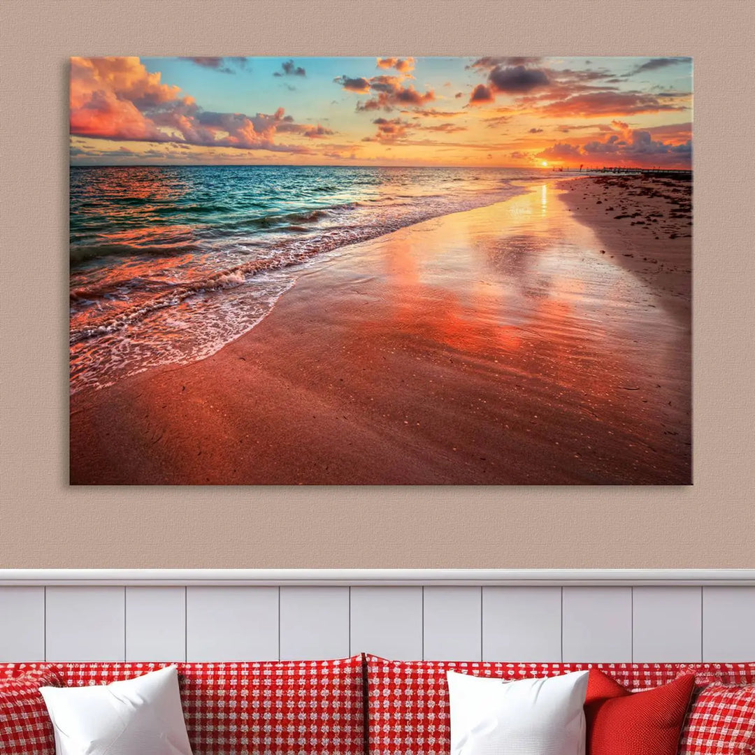 A set of "Sunset Beach Wall Art" canvases, portraying a tranquil ocean sunset, is displayed, making it perfect for beach lovers.