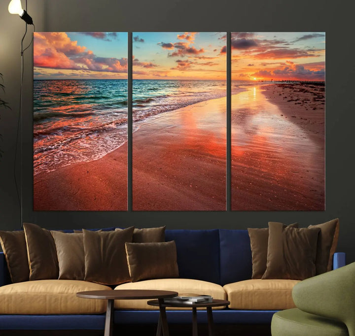 A set of "Sunset Beach Wall Art" canvases, portraying a tranquil ocean sunset, is displayed, making it perfect for beach lovers.