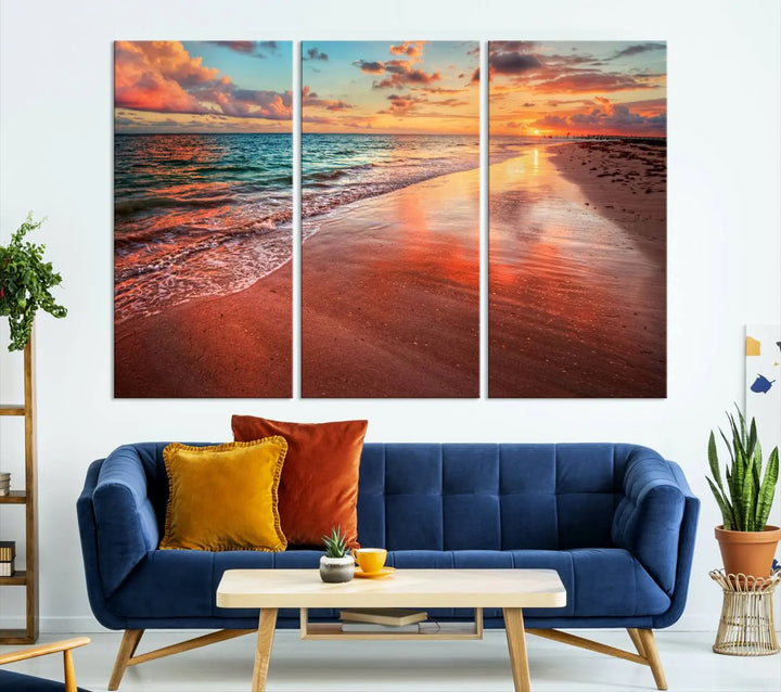 A set of "Sunset Beach Wall Art" canvases, portraying a tranquil ocean sunset, is displayed, making it perfect for beach lovers.