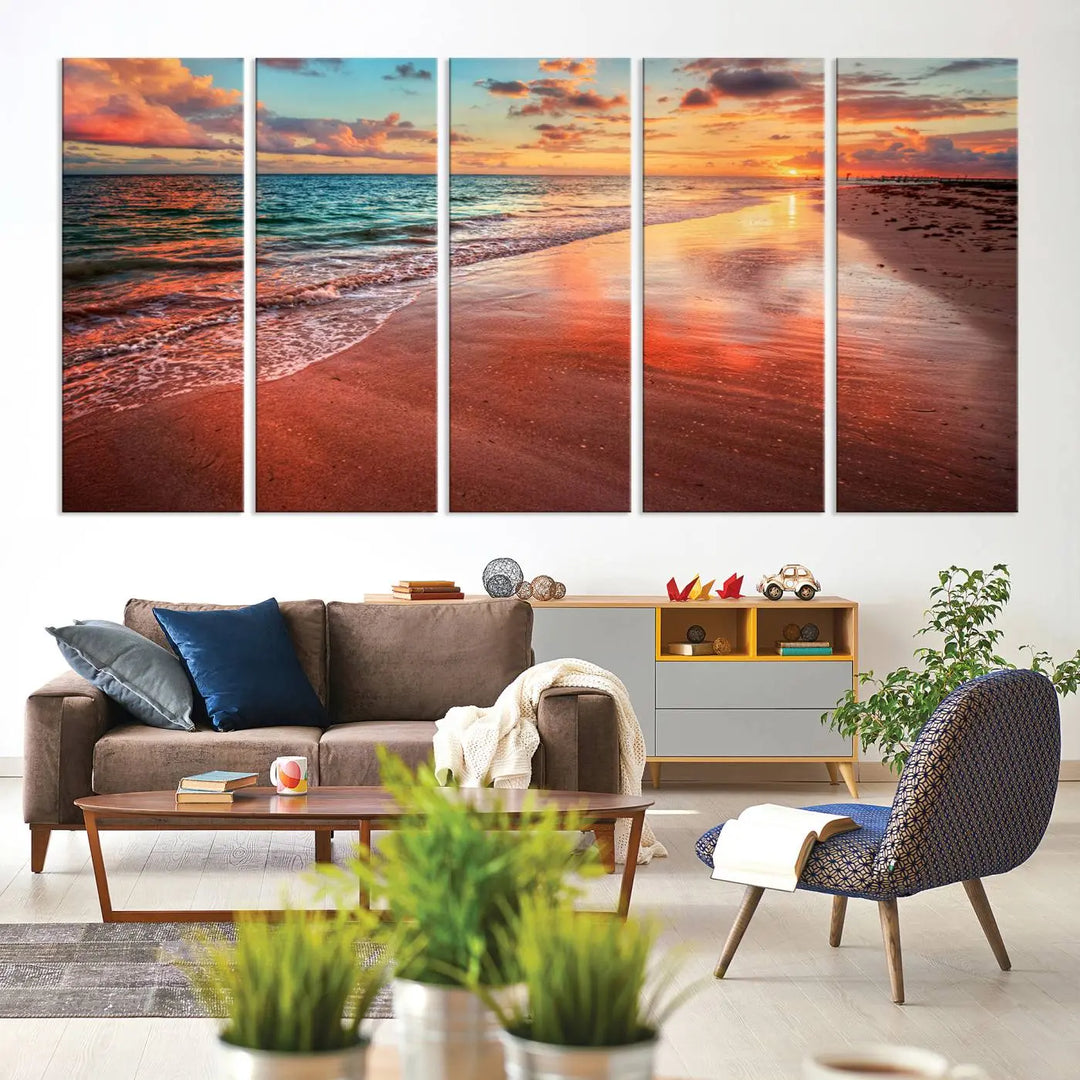 A set of "Sunset Beach Wall Art" canvases, portraying a tranquil ocean sunset, is displayed, making it perfect for beach lovers.