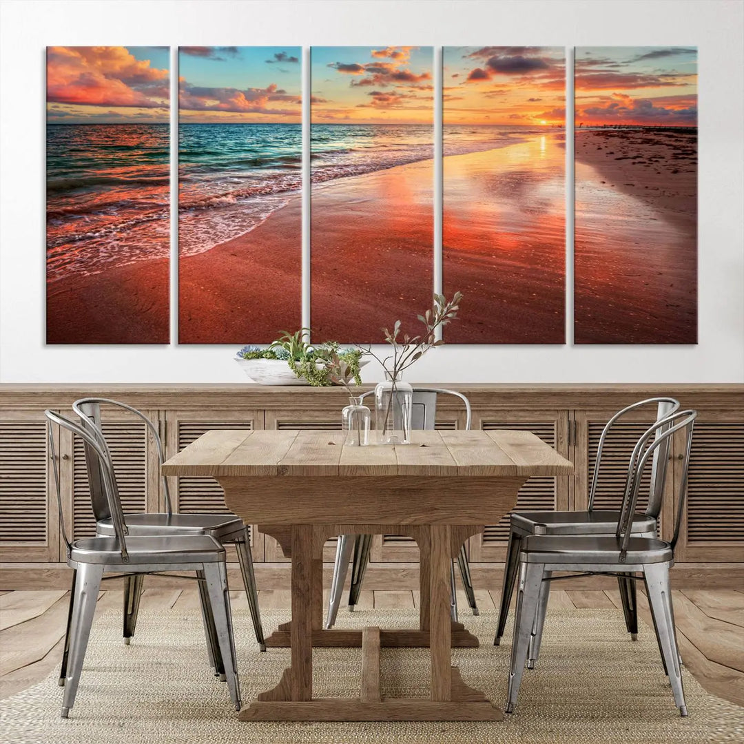 A set of "Sunset Beach Wall Art" canvases, portraying a tranquil ocean sunset, is displayed, making it perfect for beach lovers.