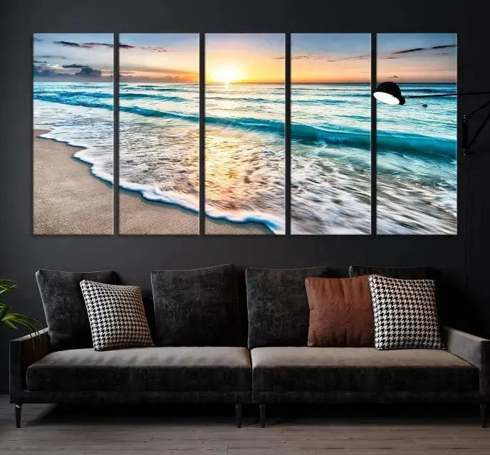 Sunset Beach Waves Canvas Wall Art – 5-Panel Ocean Sunset Print – Coastal Decor for Living Room or Bedroom – Ready to Hang