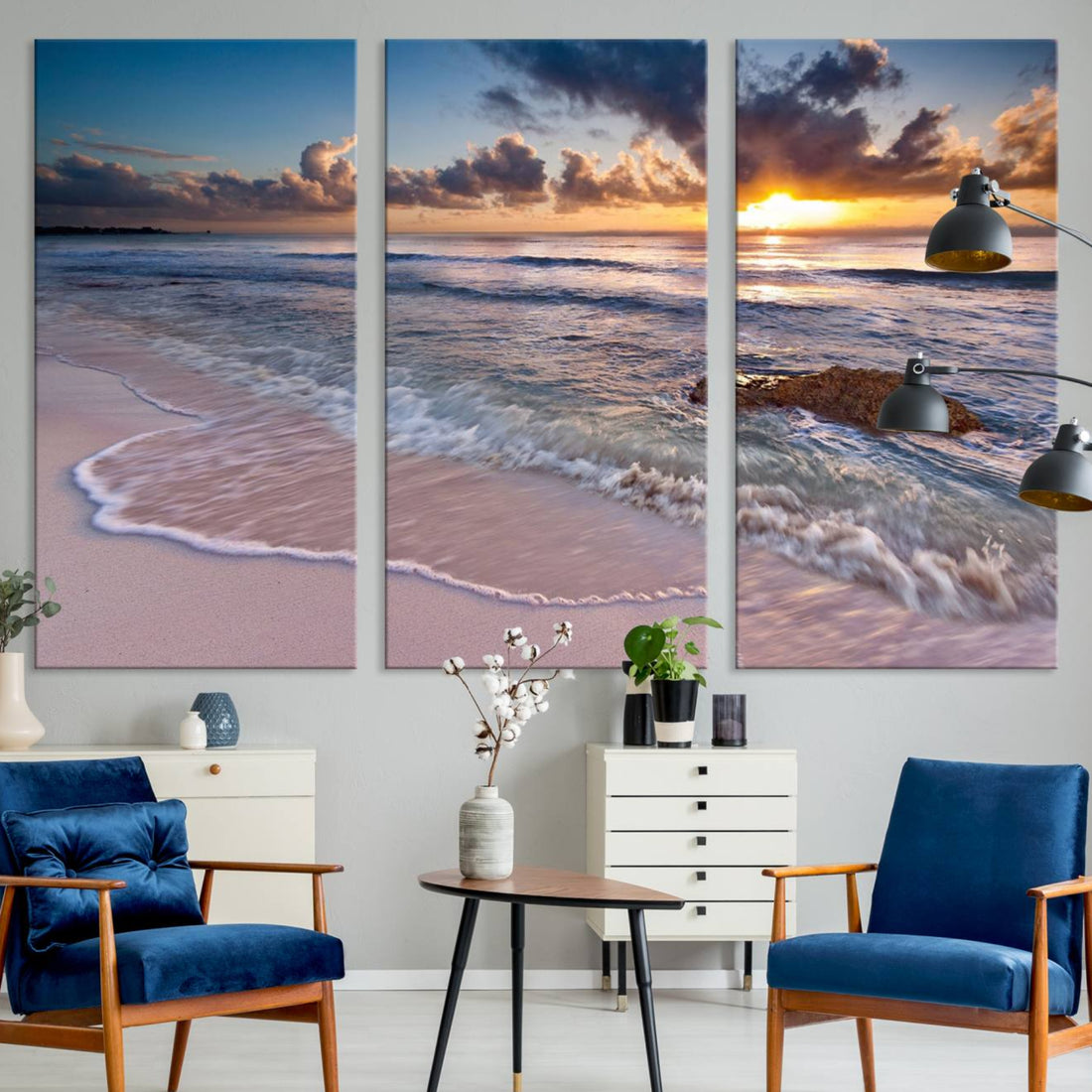 Sunset Beach Waves Canvas Wall Art | Triptych Ocean Print, Coastal Decor