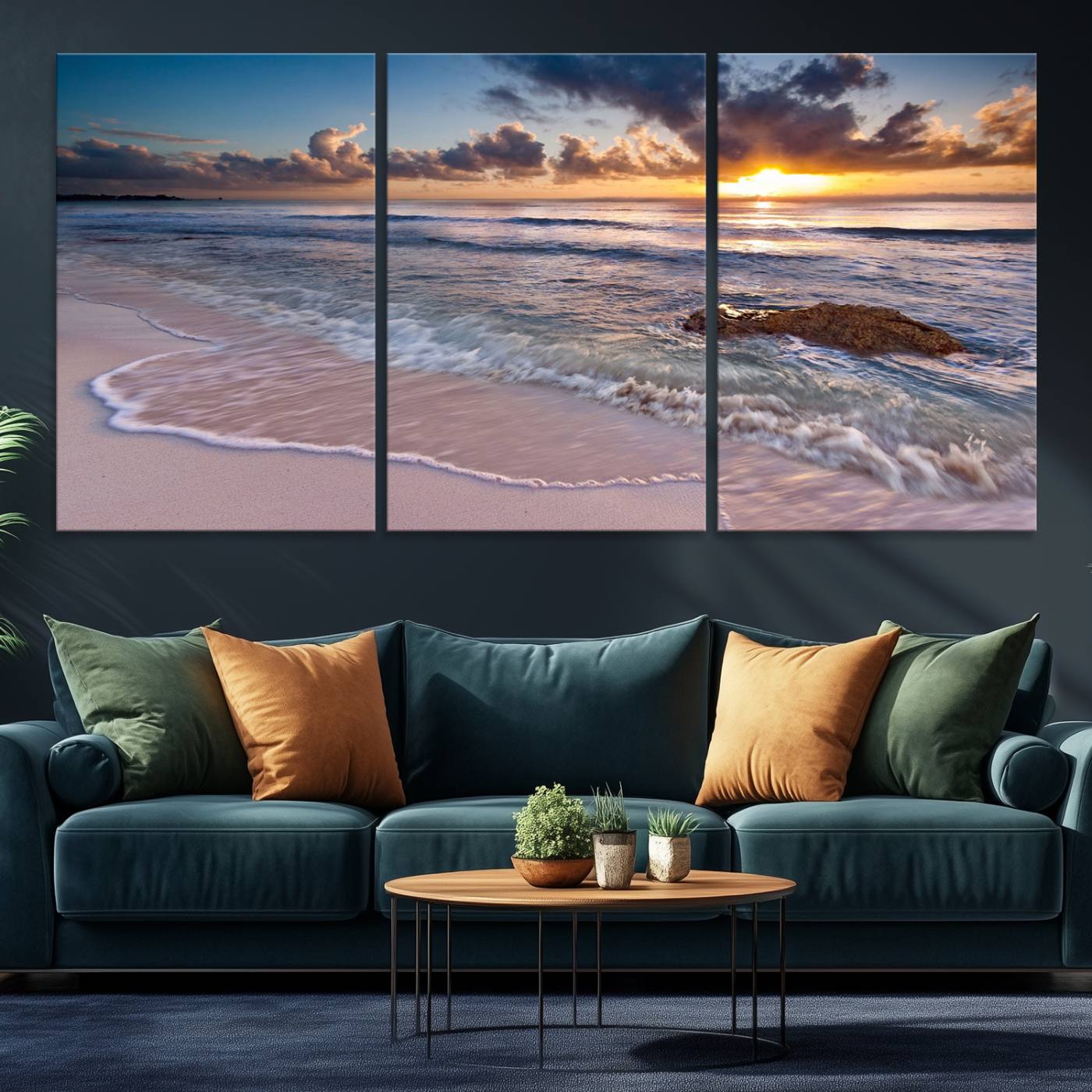 13631-MGV-CV-36X24-Sunset Beach Waves Canvas Wall Art – Triptych Ocean Print – Coastal Sunset Decor for Living Room or Office – Ready to Hang