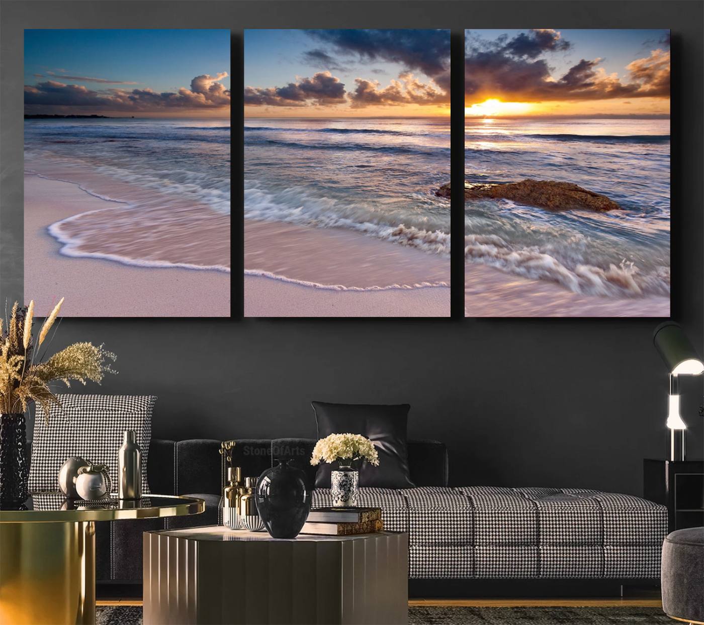 13631-MGV-CV-36X24-Sunset Beach Waves Canvas Wall Art – Triptych Ocean Print – Coastal Sunset Decor for Living Room or Office – Ready to Hang