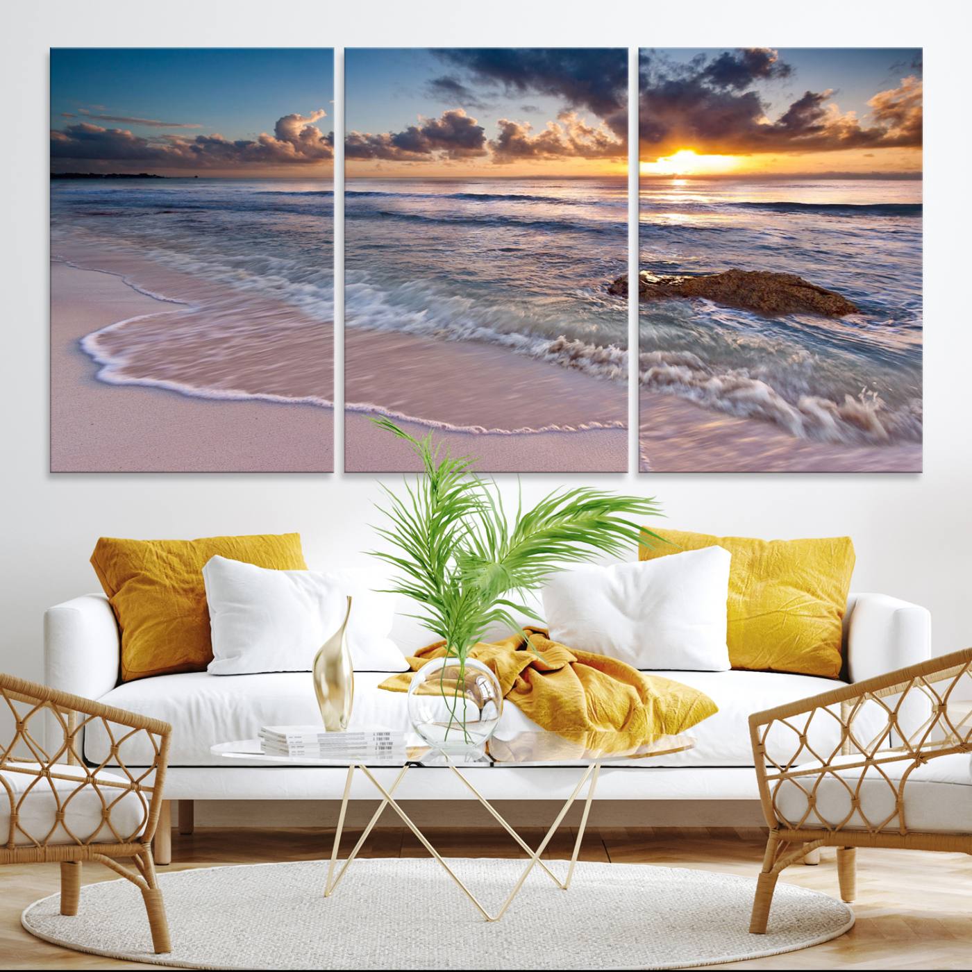 13631-MGV-CV-36X24-Sunset Beach Waves Canvas Wall Art – Triptych Ocean Print – Coastal Sunset Decor for Living Room or Office – Ready to Hang
