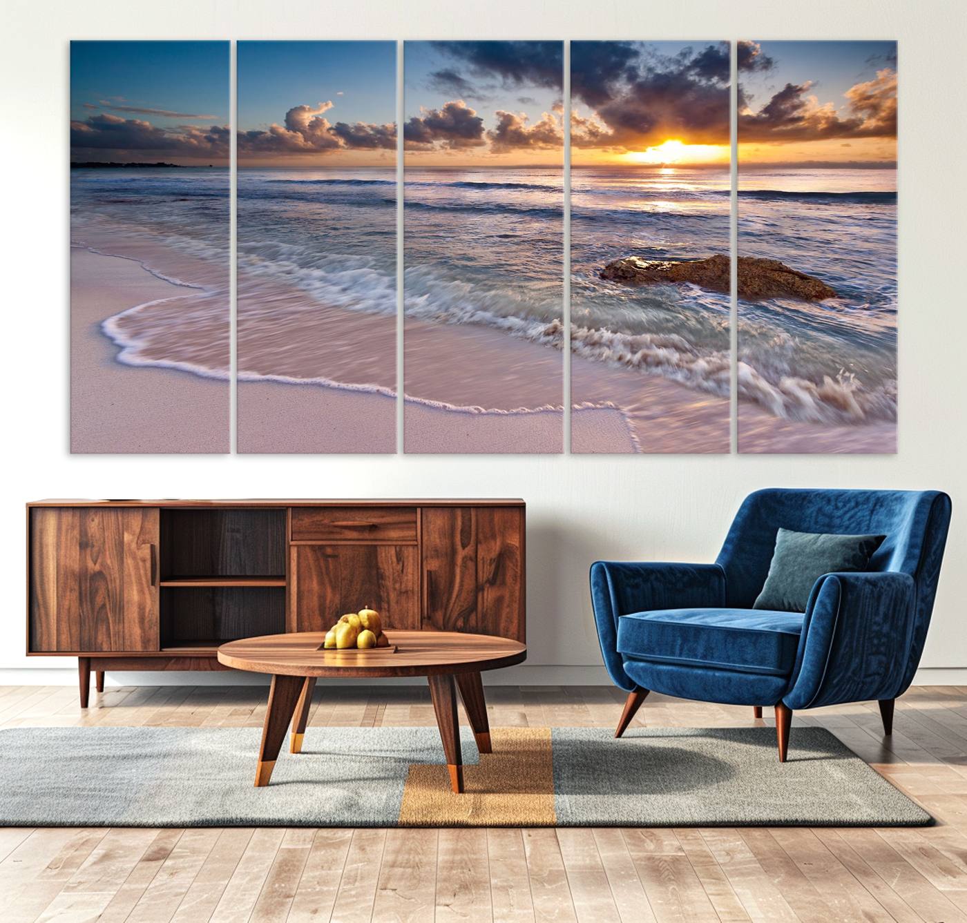 13631-MGV-CV-36X24-Sunset Beach Waves Canvas Wall Art – Triptych Ocean Print – Coastal Sunset Decor for Living Room or