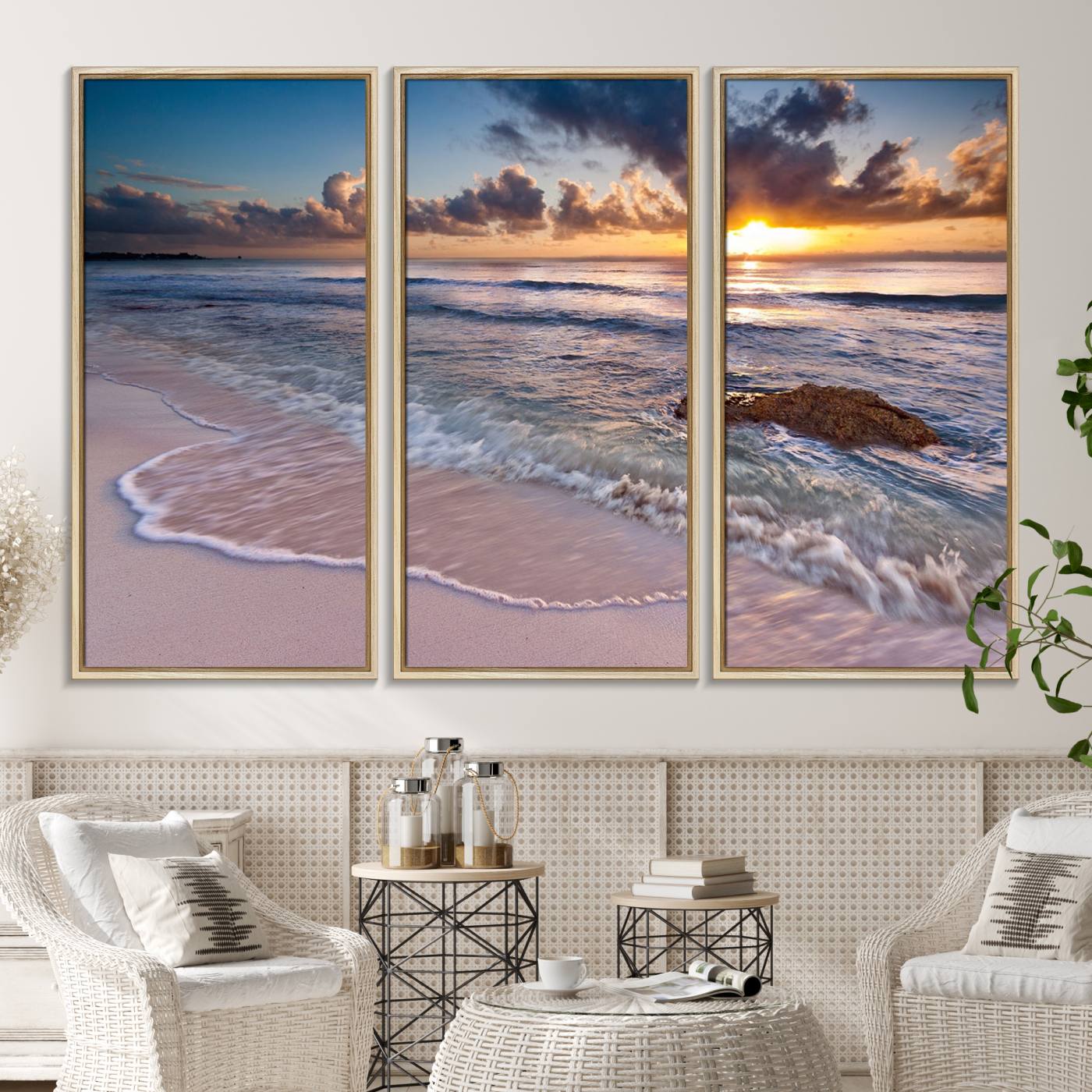 13631-MGV-CV-36X24-Sunset Beach Waves Canvas Wall Art – Triptych Ocean Print – Coastal Sunset Decor for Living Room or Office – Ready to Hang